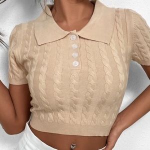 beige knit sweater collared button up crop top